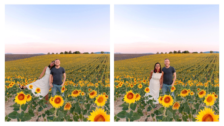 coppia in campo di girasoli